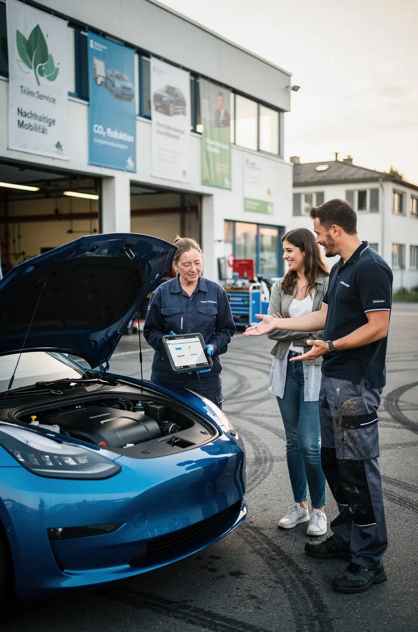 Nahaufnahme eines mechanischen Bremssystem-Checks an einem Hybridfahrzeug durch Fachpersonal.